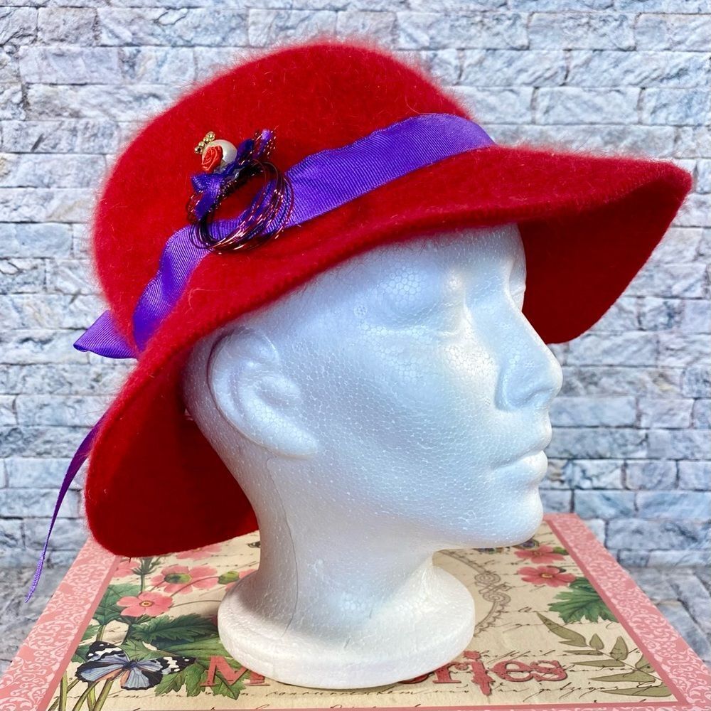 Vintage Red Wool & Angora Blend Hat Purple Ribbon Accents Angel 201